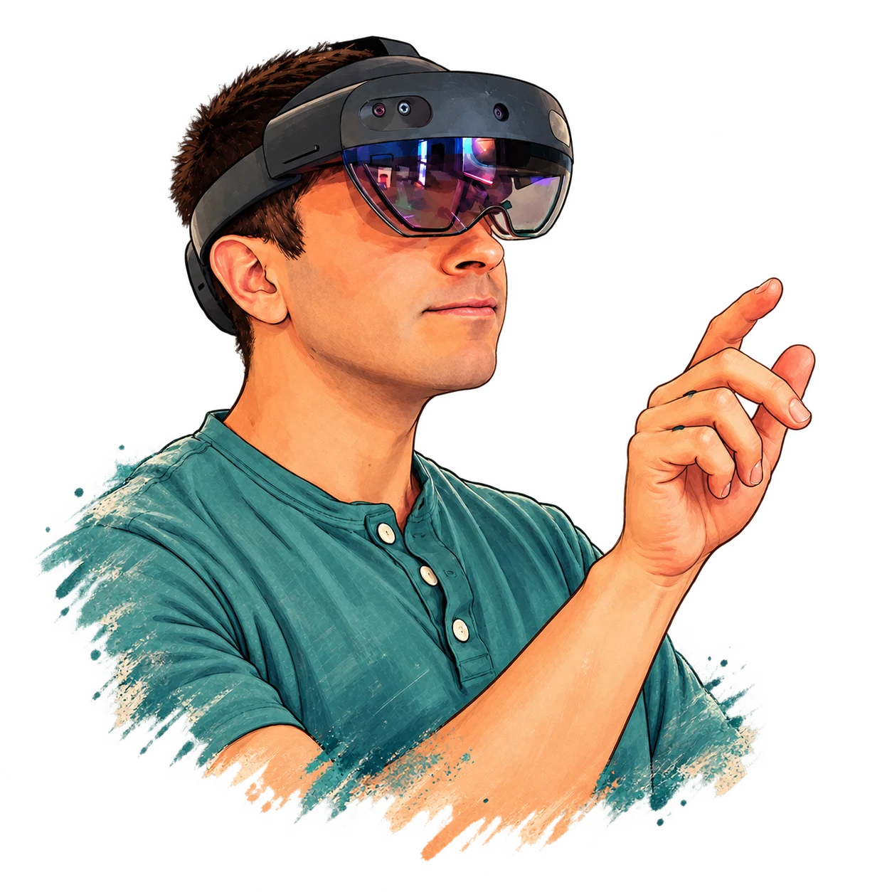 Stylized portrait of Ami Charnoff wearing a mixed-reality headset and reaching to interact.